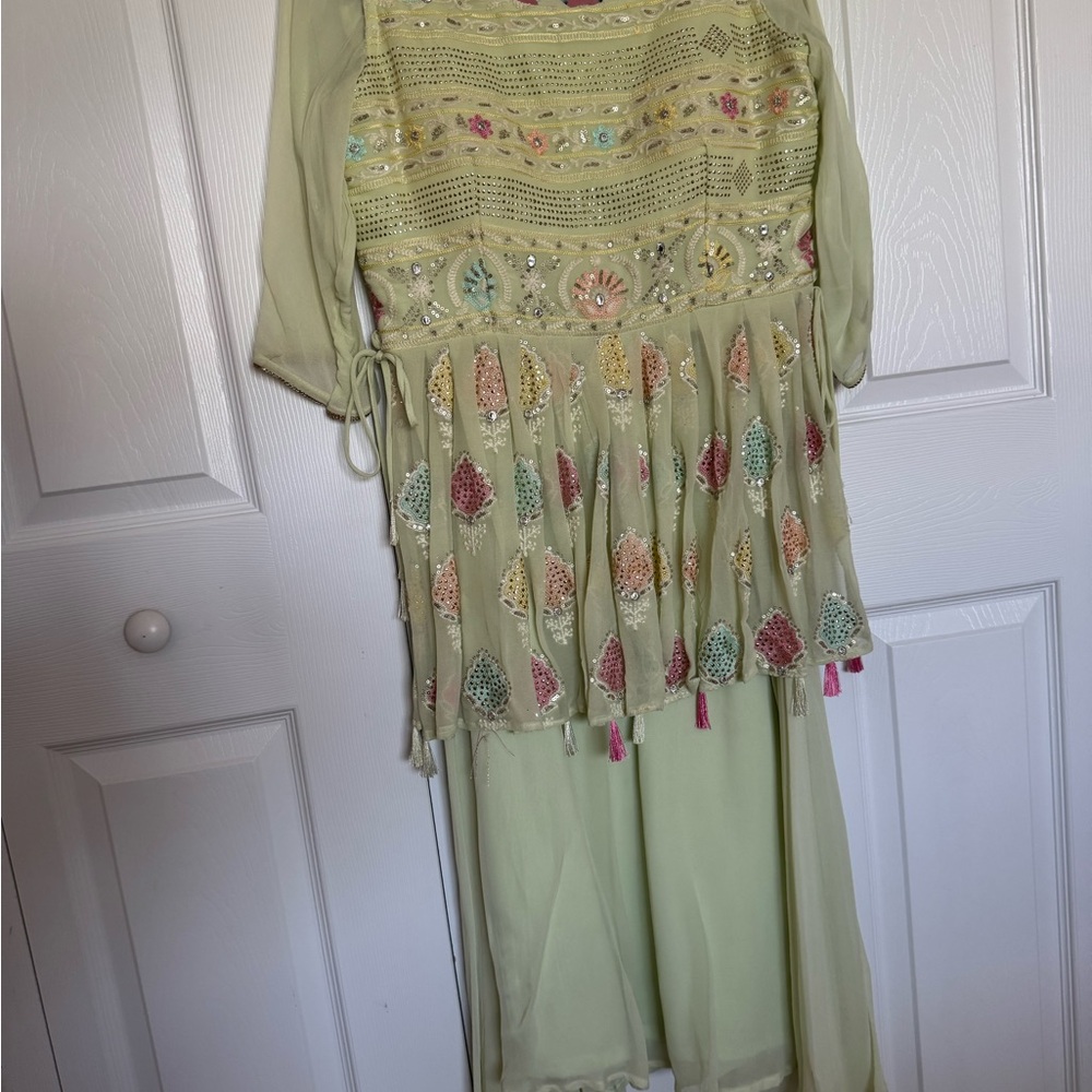 Mint Green Palazzo Set w/ Multicolor Embroidered Top